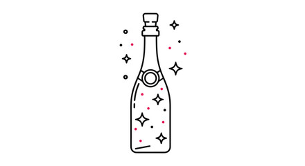 Minimalist line art illustration of a champagne bottle surrounded by sparkling stars and dots for a festive celebration.