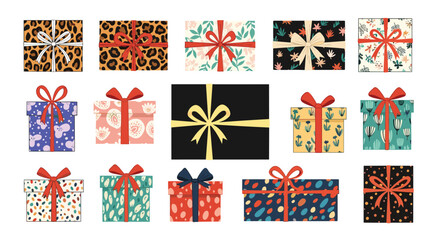 Selection of fifteen colorful gift boxes wrapped in various festive patterns like leopard print and florals with ribbons.