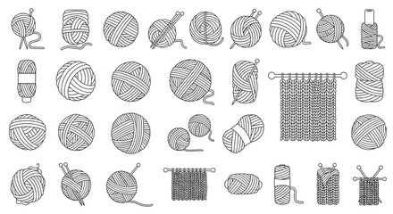 Detailed set of line art icons depicting various yarn balls skeins and knitted fabric samples for knitting enthusiasts.