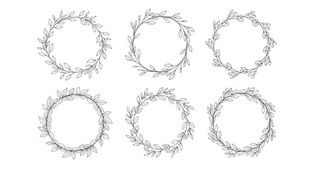 Collection of six delicate black and white hand drawn wreaths made of leaves and thin branches for elegant decorations.
