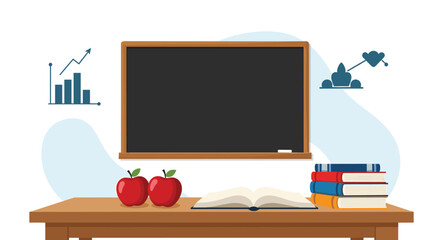 Classroom scene with a blank chalkboard a desk with an open book red apples and a stack of school books on the side.