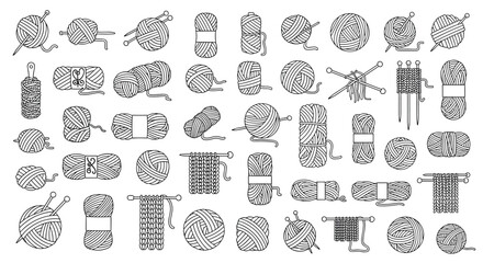 Extensive collection of line drawings depicting various types of yarn balls skeins and knitting accessories in black and white.