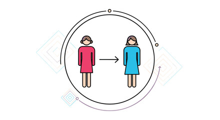Simple diagram showing the transition between two female figures in pink and blue dresses within a circular frame.