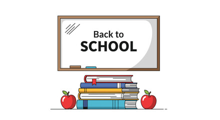 Back to school illustration featuring a white board with text a stack of books and two red apples on a desk surface.