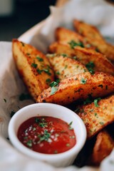 Crispy golden potato wedges served in a basket with fresh herbs and a small bowl of tangy tomato sauce, showcasing delicious comfort food presentation