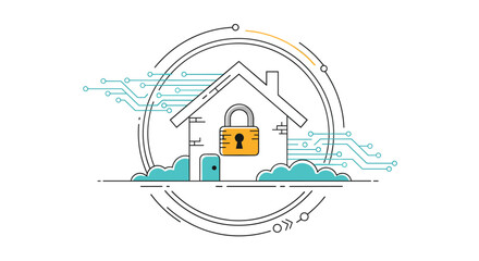 Conceptual illustration for smart home security featuring a house icon with a large orange padlock and digital circuits.