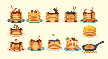 Comprehensive collection of pancake stacks with diverse toppings and a pancake cooking in a frying pan on a stove.
