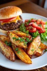 Juicy hamburger with melted cheese, fresh tomatoes, and crispy lettuce served alongside golden-brown potato wedges and a vibrant salad on a white plate, showcasing delicious meal presentation