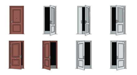 Collection of eight door illustrations including various styles of closed and partially open doors in brown and grey.
