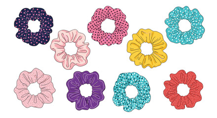 Set of nine stylish hair scrunchies in various colors and patterns like polka dots and solids for trendy accessories.