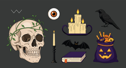 Collection of spooky Halloween illustrations on a dark background featuring a skull candles raven bat and a treat bag.