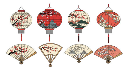 Traditional Chinese lanterns and folding fans decorated with cherry blossom patterns for oriental cultural celebrations.
