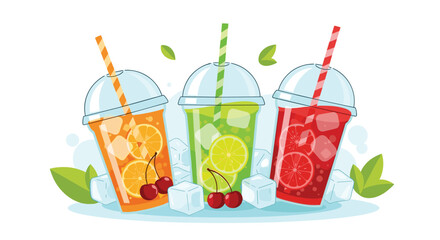 Trio of takeaway cups with refreshing fruit infused drinks including orange lime and berry flavors with straws and ice.