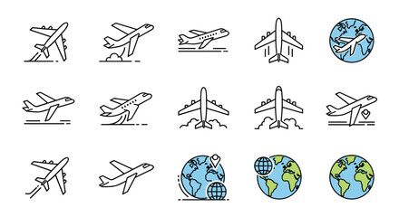 Collection of fifteen aviation and travel icons featuring airplanes on various flight paths and around a blue globe.