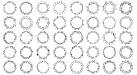 Set of forty-eight different hand-drawn floral and leafy wreath border designs in black and white for wedding invitations and decor.
