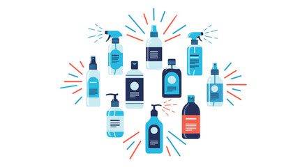 Circle of various disinfectant spray and pump bottles in blue and orange shades symbolizing cleanliness and hygiene.