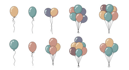 Ten bunches of elegant balloons in soft pastel colors like beige blue and pink with delicate strings for decorations.