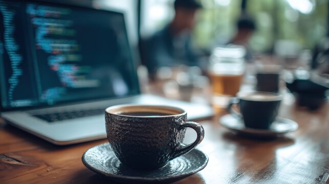 Collaborating in the morning businesspeople sip coffee while software developers analyze program code together