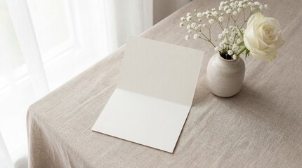 Open blank white greeting card on a linen tablecloth next to a vase with white flowers, providing a clean canvas for personalized messages, invitations, or heartfelt notes