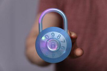 Digitally enhanced padlock representing security, data protection, and privacy. Perfect for illustrating cybersecurity, safe online s