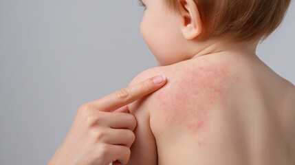 Mother pointing to red rash on infant s back Baby boy on light gray background Possible allergy to food or milk Skin issue Close up