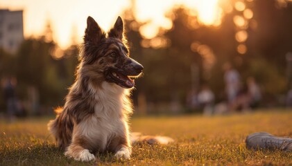 At sunset a young attractive dog trainer is training her Italian Shepherd Lagorai on the grass in a public park