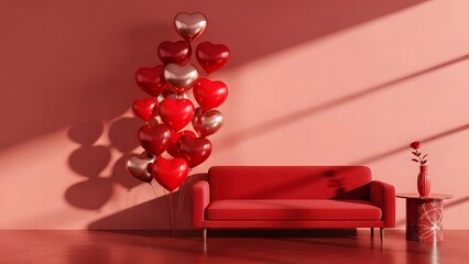 Red sofa with a bouquet of heart-shaped balloons and a single rose on a table