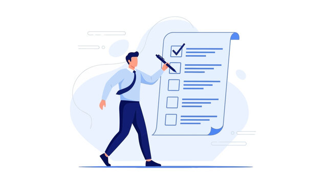 Man checking off a list on a clipboard, business concept, planning, organization