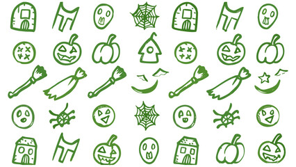 Retro vintage Halloween icons. Doodle sketch drawings in grunge charcoal style for winter holidays party celebration perfect for posters and invitation cards.