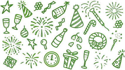 Retro vintage new year icons. Doodle sketch drawings in grunge charcoal style for winter holidays party celebration perfect for posters and invitation cards.