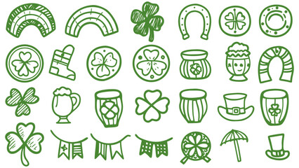 Retro vintage St. Patrick&rsquo;s Day doodle icons. Doodle sketch drawings in grunge charcoal style for winter holidays party celebration perfect for posters and invitation cards.