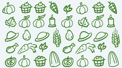 Retro vintage thanksgiving themed doodle icons. Doodle sketch drawings in grunge charcoal style for winter holidays party celebration perfect for posters and invitation cards.