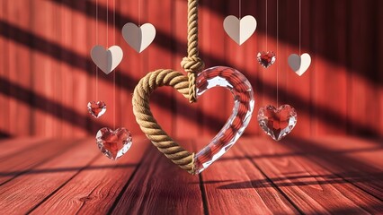 Crystal heart suspended by rope with paper hearts and glass gems, romantic concept