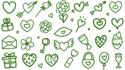 Retro vintage Valentine&rsquo;s Day doodle icons. Doodle sketch drawings in grunge charcoal style for winter holidays party celebration perfect for posters and invitation cards.