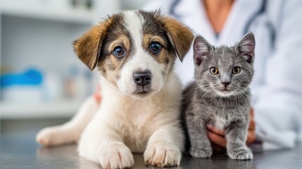 Veterinarian assesses dog and cat Puppy and kitten at clinic for check up and vaccinations Animal health care