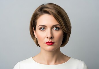 Confident Business Woman Portrait with Intense Blue Eyes and Red Lips © bk