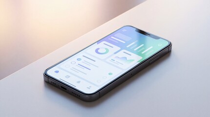 Contemporary smartphone showcasing a dynamic digital dashboard with business analytics data, graphs, and financial metrics for modern strategy and informed decision-making