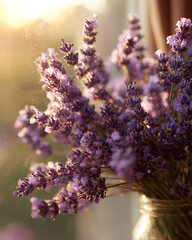 Closeup of lavender bouquet glowing in soft natural sunlight representing floral aromatherapy and gentle natural stress relief atmosphere  
