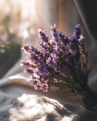 Closeup of lavender bouquet glowing in soft natural sunlight representing floral aromatherapy and gentle natural stress relief atmosphere  
