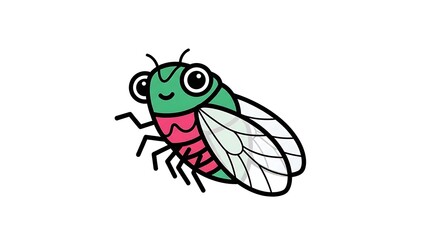 Cartoon Green Cicada Insect with White Wings.