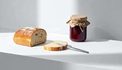 A loaf of fresh bread with a slice cut, next to a jar of jam and a butter knife, placed on a clean white surface. Simple and cozy breakfast scene.
