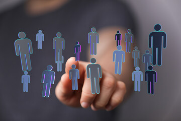 Concept of social network, teamwork, and digital connectivity shown with hand and people icons. Modern business