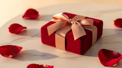 Luxurious red gift box with ribbon on marble surface surrounded by rose petals with red wrapping and luxury gift and romantic gesture - Ai Generated