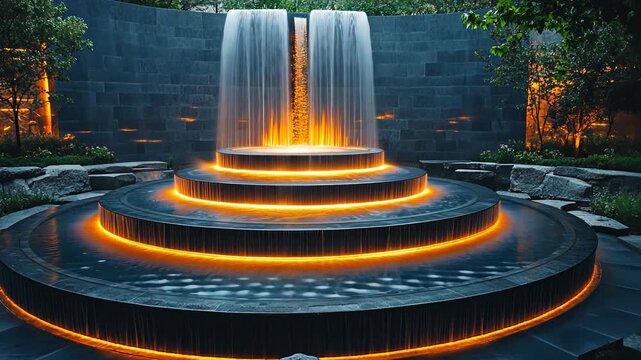 A tiered fountain with orange lights and a waterfall in the background at night.