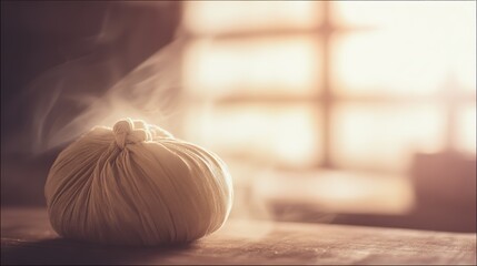 gauze. Gauze-wrapped herbal compress with gentle steam rising from it. menu design, packaging mockups, designed for culinary blogs and recipe cards for restaurants, used by financial analysts.