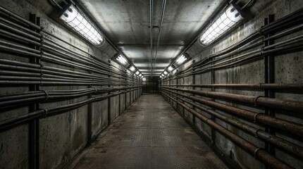 Symmetrical view of long industrial corridor lined with pipes and fluorescent lights. Concrete walls and floor in underground tunnel. Atmospheric architecture for factory or facility infrastructure