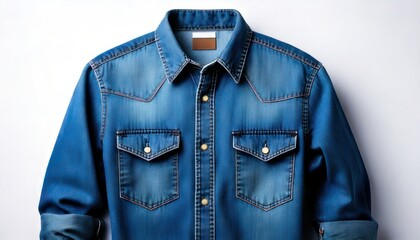 Stylish Blue Denim Shirt with Pockets and Button-Down Design on White Background.