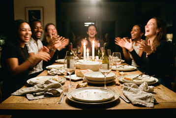 Diverse group of friends laughing, clapping, and enjoying a candlelit dinner party indoors.