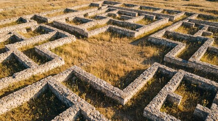High angle aerial view of stone maze in dry grassy field. Labyrinth with winding paths from above. Outdoor puzzle and exploration concept for adventure navigation.