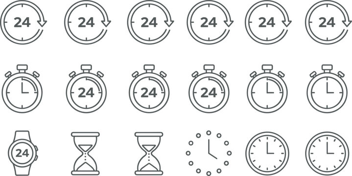 Professional time management icon set featuring 24-hour service symbols stopwatches hourglasses and clock faces for around-the-clock business support.